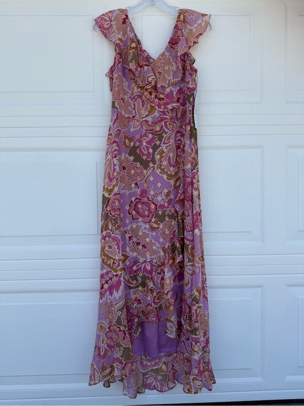 London Times Lavender/Pink Floral V-Neck Cap Sleeve Ruffle Wrap Midi Dress 6